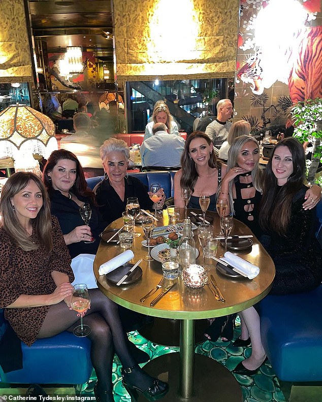 Girls Night!  In addition to the trip to the country house, Catherine also dined with her best friends, including former Corrie co-star Samia Longchambon (pictured far left)