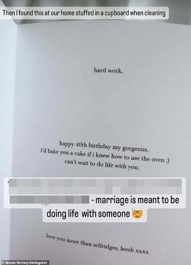 Accusation: In an explosive Instagram, Donna, 40, shared a photo of the card as she accused her love rival of making a 'desperate' attempt to win Jermain's affections