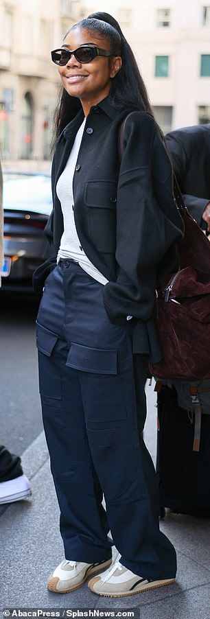 Cargo pants: Gabrielle was ready for the long flight in a casual, comfortable outfit