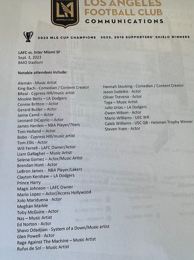 Urias was listed (right section) on a star-studded guest list to watch Lionel Messi play against LAFC