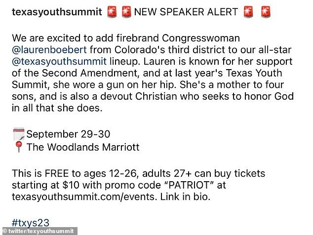 In a social media post for the Texas Youth Summit, Boebert was described as a 