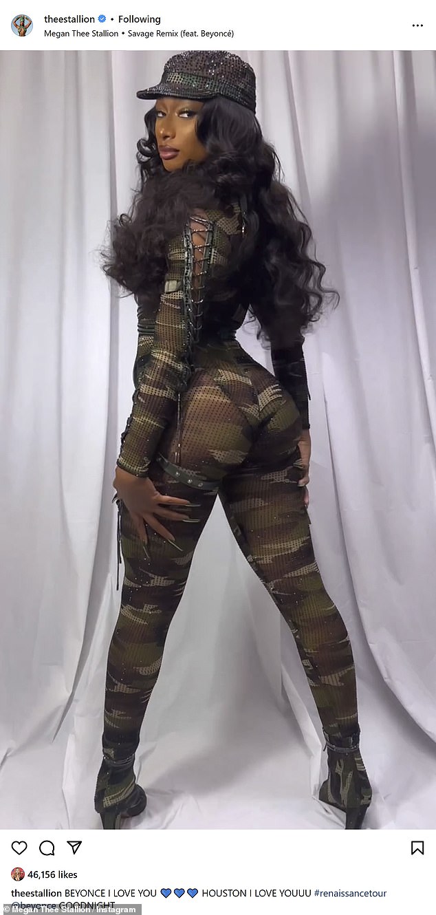 Camo: Megan showed off her curves in a camouflage unitard with a matching hat.  The artist wore her long, dark hair in curls for her guest appearance in Houston and gave a sneak peek of her look on social media, writing 