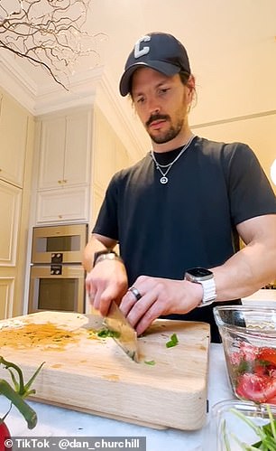 From the wide range of ingredients in Ryan's fridge, Dan chooses basil, feta cheese, lime, garlic, olives, tomatoes, parsley, chicken and a dash of chardonnay