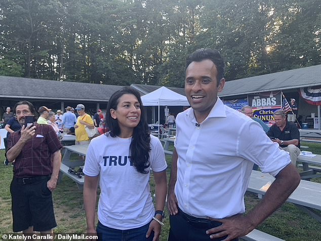 Apoorva joined Vivek to speak to the press following his comments at a Labor Day picnic in Salem, New Hampshire