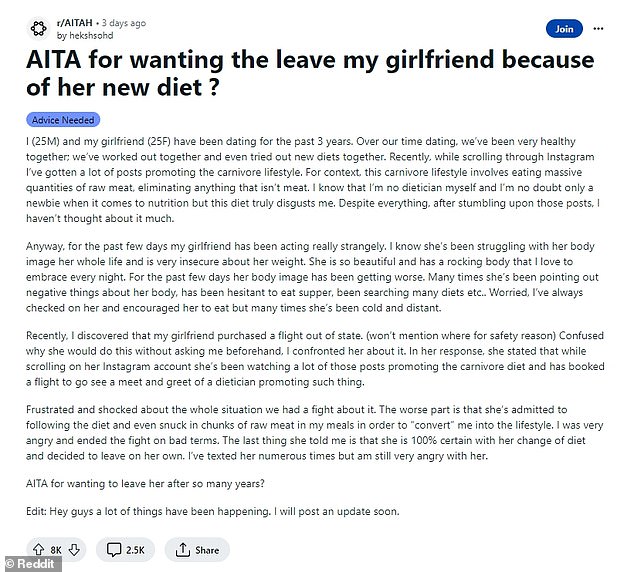 A man is considering leaving his partner because her new eating habit is extreme enough to 'disgust' him - he took to Reddit's 'Am I the A******' forum to see if others agreed