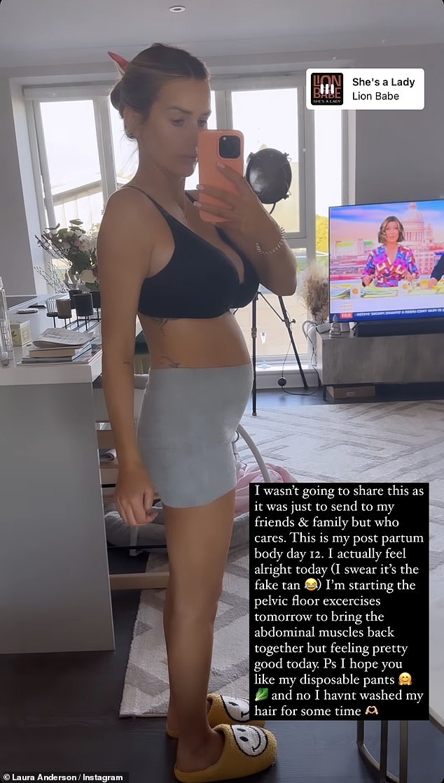 Amazing: She wore a black bra and gray cycling shorts as she turned to the side to show off her body, before pulling down her bra to reveal she had cabbage leaves on her breasts