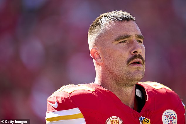 Travis Kelce #87 of the Kansas City Chiefs looks on before kickoff against the Chicago Bears