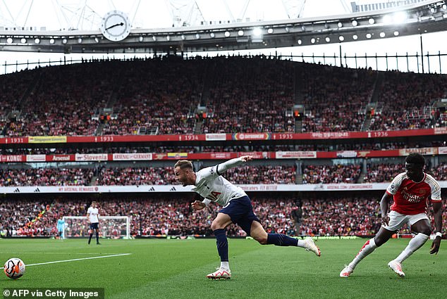 But Maddison (left) has hilariously hit back at Saka (right), claiming he was 'still doing it when I turned him for the first goal' (pictured above)