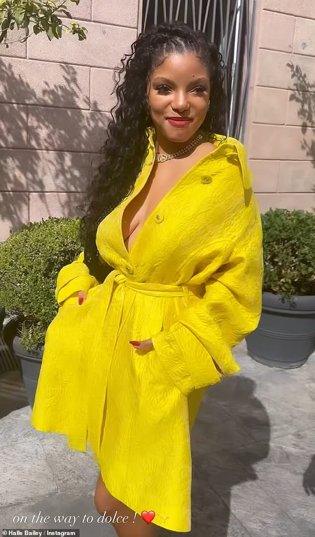 A ray of light: The dress's vibrant yellow hue was more evident in several photos Halle shared to her Instagram Stories on Saturday