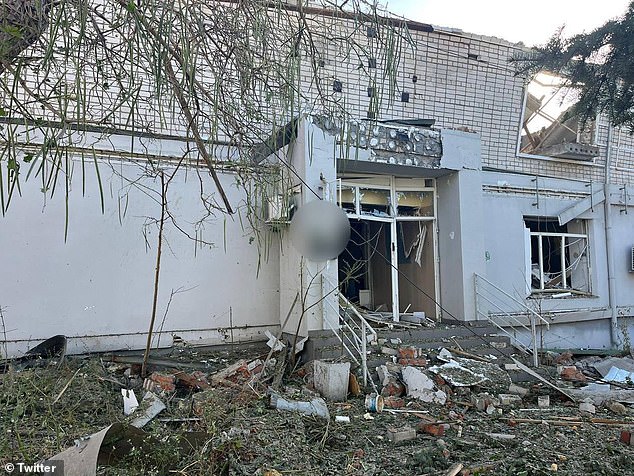 Russian airstrikes have killed two people and injured three others in the Ukrainian province of Kherson.  Pictured is a destroyed building in Beryslav