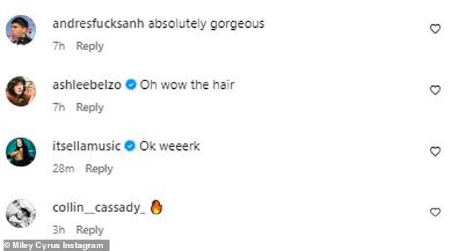 Comments: ashleebelzo added, “Oh wow, the hair,” while itsellamusic added, “Ok tweets” in the comments.