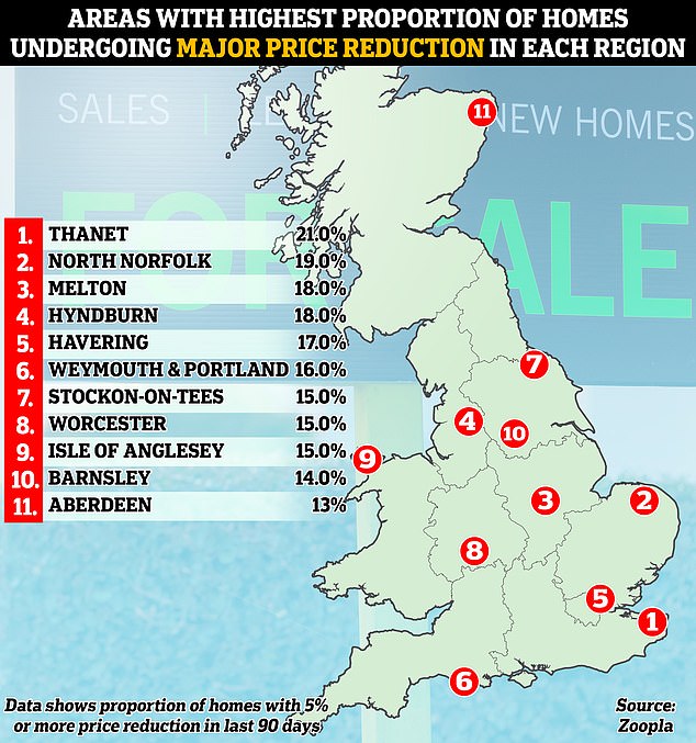 Slashed: These are the areas in each UK region where the biggest house price falls have occurred