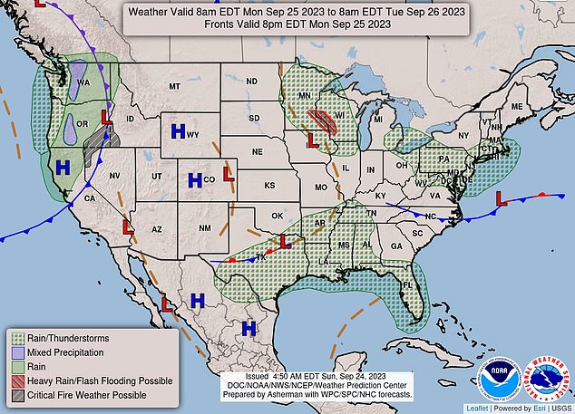 NOAA's forecast shows storms in part of Pennsylvania, West Virginia, Delaware, Maryland, New York, Rhode Island, Connecticut and Michigan Monday morning through Tuesday as post-tropical storm Ophelia dissipates