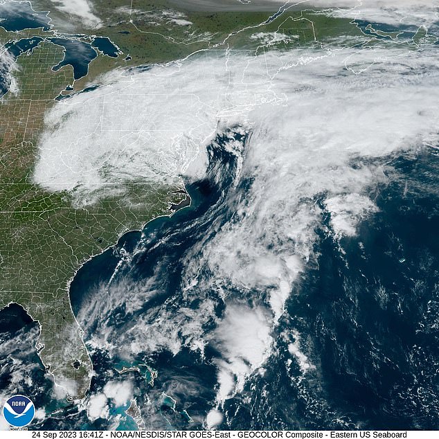 NOAA map showing post-tropical cyclone Ophelia over the US East Coast on Sunday