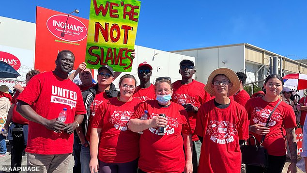 Workers hold a picket line outside the Inghams Bolivar factory in Adelaide's north