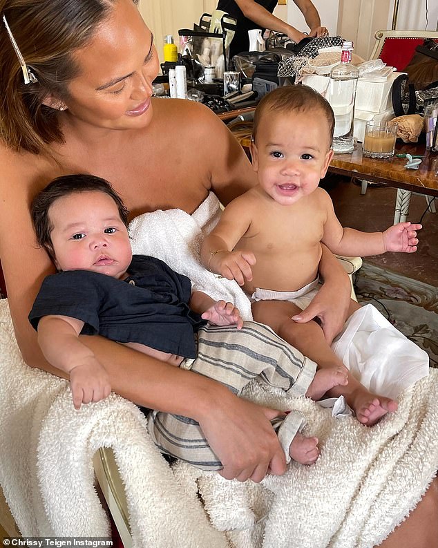 Momma bear: The mother of four also recently shared a sweet selfie with Esti and Wren during an 'insanely perfect' weekend in Italy, where she renewed her vows with husband John Legend