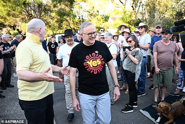 Prime Minister Anthony Albanese and Noel Pearson arrive and are pictured campaigning for the Voice in Sydney