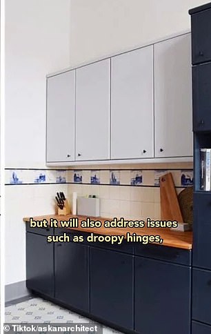 'Not only will this update the color of your kitchen, but it will also solve problems such as hanging hinges, water damage and doors that swing the wrong way, without having to renew all your joinery.'