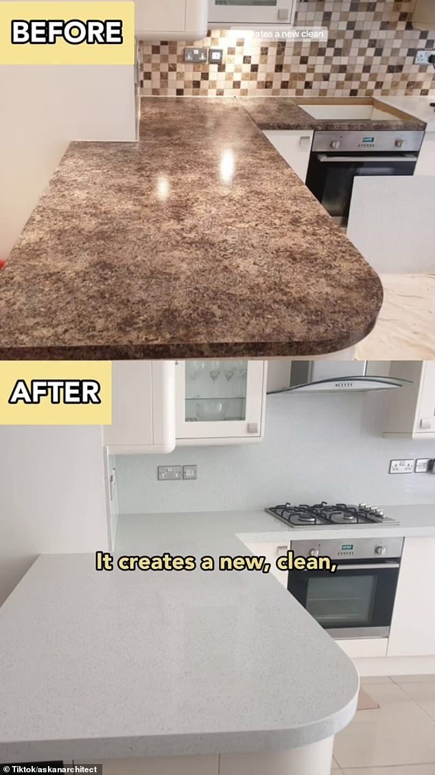 'Number five granite veneer worktops: they are thin 7mm sheets that are fitted over your existing worktops with seamless joints,' explains Georgina