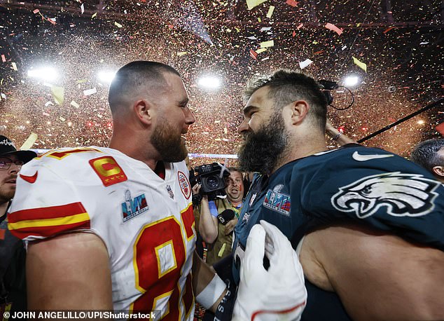 Sibling Rivalry: Travis' brother Jason (right) is an equally famous sports star, playing for the Philadelphia Eagles football team.  The brothers faced off in the 2023 Super Bowl