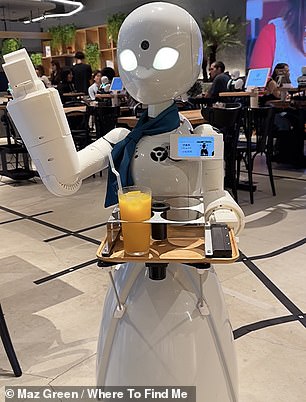 Maz explained to MailOnline Travel that all food and drink is served by robots – and they are controlled remotely 'by people with medical or physical limitations who cannot come to work but want to stay connected to society'