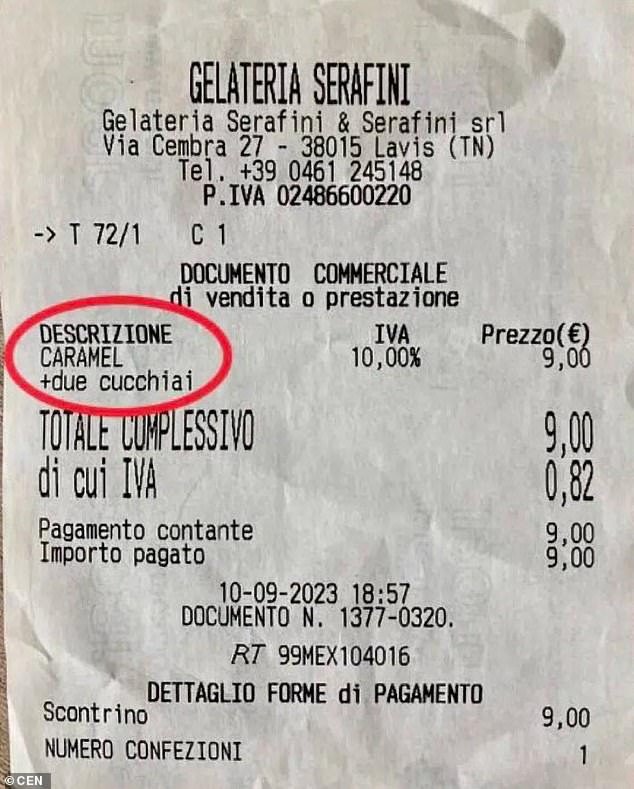 The woman wrote in her TripAdvisor review: 'I shared an ¿8 cup of ice cream, but I paid ¿9 (photo): I was charged an additional ¿1 as a courtesy for asking for a second spoon'