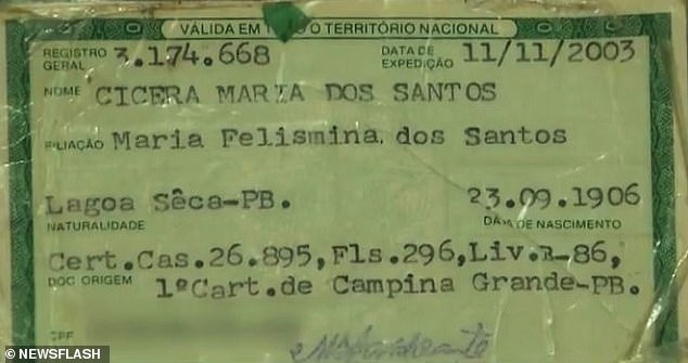 If her date of birth is confirmed, she would be one year older than current Guinness world record holder Maria Branyas Morera, 116, of Spain (Photo: Cicera's alleged ID card showing her yet unconfirmed date of birth)