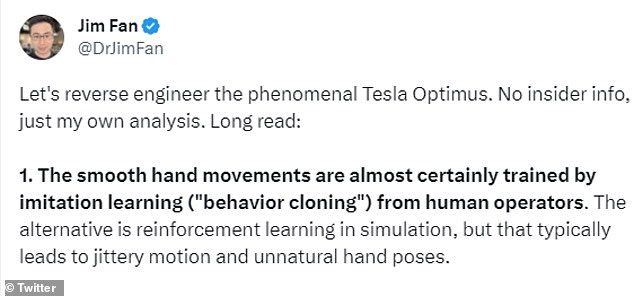 Dr.  Jim Fan, senior AI scientist at NVIDIA, speculated on X that Optimus' smooth hand movements were 