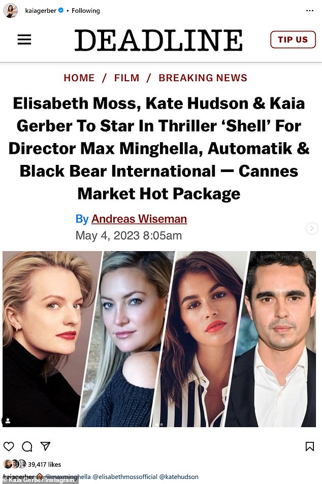 Acting appearance: It's unclear whether Valentino Garavani's brand ambassador could wrap up her role as popular social media star Chloe Benson in Max Minghella's psychological sci-fi thriller Shell before the SAG-AFTRA strike began on July 14