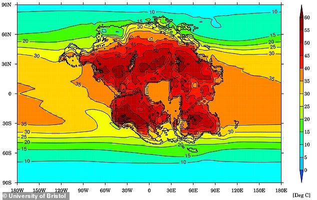 Image shows the warmest monthly average temperature (degrees Celsius) for Earth and the projected supercontinent (Pangea Ultima) in 250 million years, when it would be difficult for almost all mammals to survive