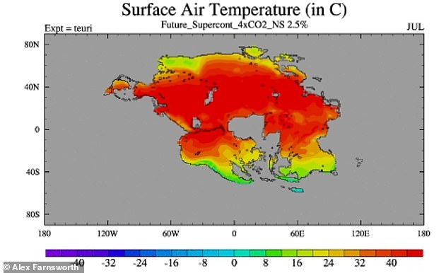 Pictured: Earth's average monthly surface temperature for Earth 250 million years in the future when all the continents come together to form Pangea Ultima