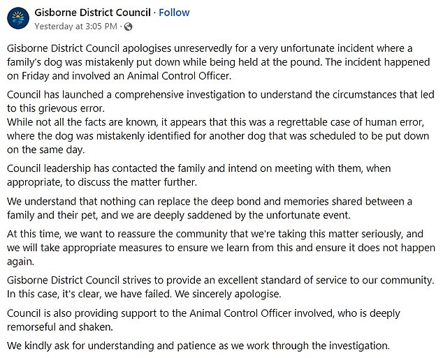 The council (statement in photo) said it 'apologises unreservedly' for 'this serious error' and that the officer involved is 'deeply remorseful and shocked'.