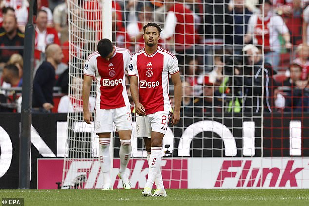 Josip Sutalo (left) and Devyne Rensch react after conceding a goal in the match against Feyenoord