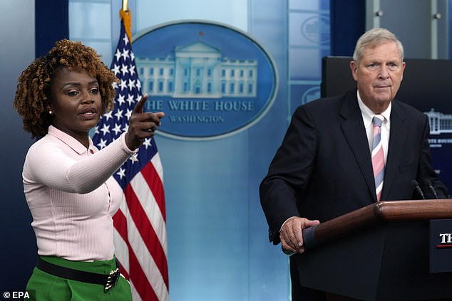 White House Press Secretary Karine Jean-Pierre (L) was hit with a series of questions about Biden's trip to Michigan.  She appeared at the White House on Monday with Secretary of Agriculture Tom Vilsack