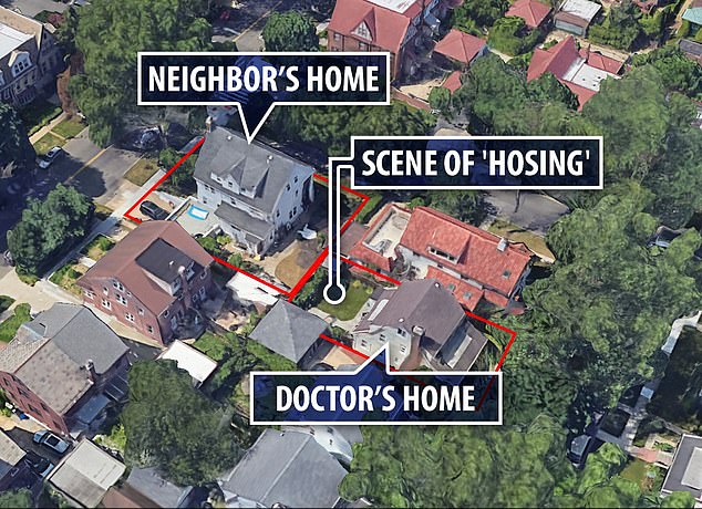 An aerial view shows Dr. Yves Duroseau's home bordering Marcus Rosebrock's property in a leafy suburb of Queens, New York City