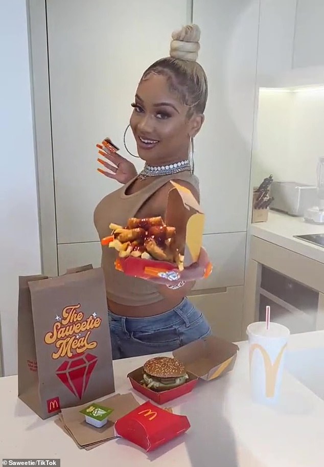 'The longer the nails, the easier it is to reach the last fries!'  Saweetie even posted a TikTok of herself demonstrating the best way to eat McNuggets on top of fries while smothered with her custom sauce and BBQ sauce