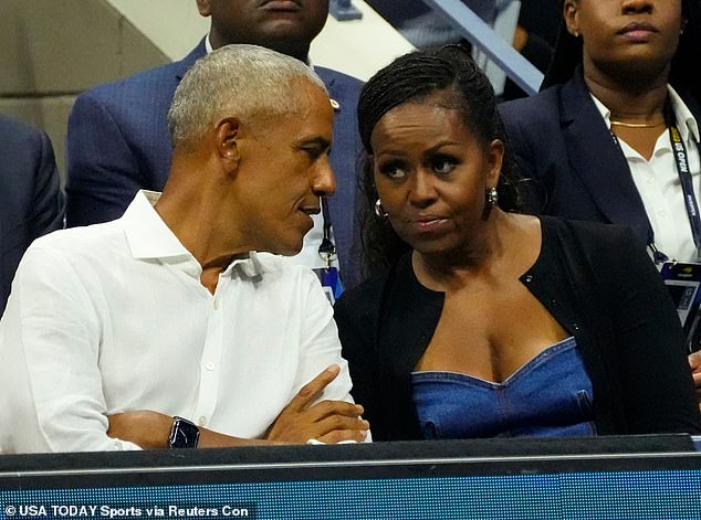 Former President Barack Obama and First Lady Michelle Obama play tennis on the first day of the 2023 US Open tennis tournament