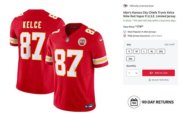 A replica Kelce jersey costs $175, but there is also a cheaper version that costs $130