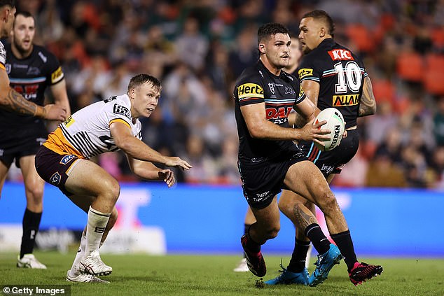 The Bureau of Meteorology has warned that Sunday is expected to be the hottest Grand Final day since the biggest match of the year was moved to Sydney Olympic Park (Penrith star Nathan Cleary is pictured running the ball against Brisbane earlier this year)