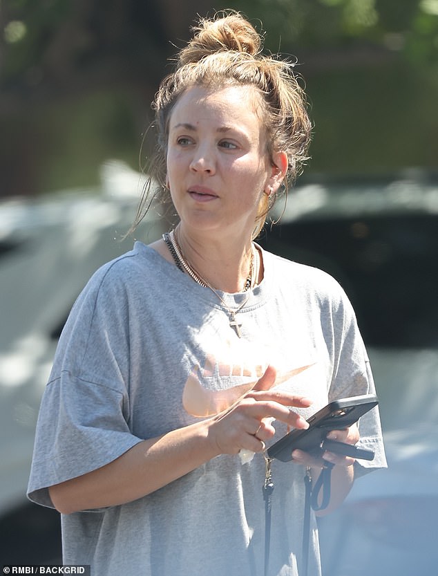 Gym time: On Sunday, the actress, 37, was spotted wearing a light gray Nike t-shirt, black leggings and a pair of purple sneakers with hot pink laces