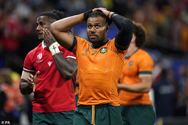 Australia trailed 24-0 at half-time before Wales scored two more tries in the second half to win 40-6 (photo, dejected Wallabies center Samu Kerevi)