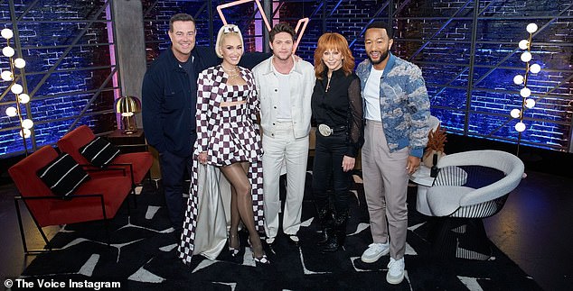 Fun group: Reba calls her fellow judges John Legend, Niall Horan, Gwen Stefani and host Carson Daly a 