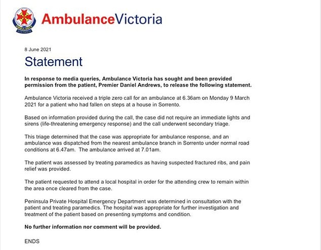 Ambulance Victoria issued this statement in response to questions about the accident