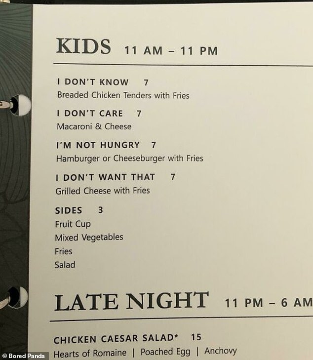 This hilarious children's menu was spotted in another hotel, which many parents will probably recognize