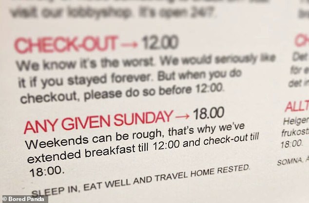 While another hotel, in Sweden, offered late check-out at 6pm and full breakfast until 12pm on weekends so their guests can feel rested