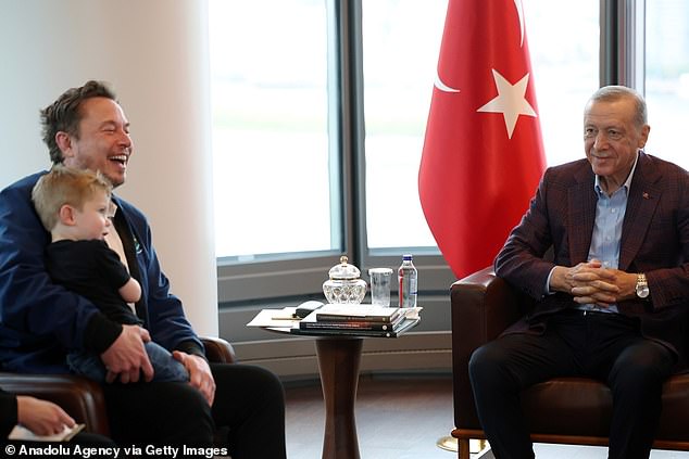 Turkish President Recep Tayyip Erdogan (R) meets Elon Musk (L) ahead of the 78th session of the United Nations (UN) General Assembly at the Turkish House in New York, September 17