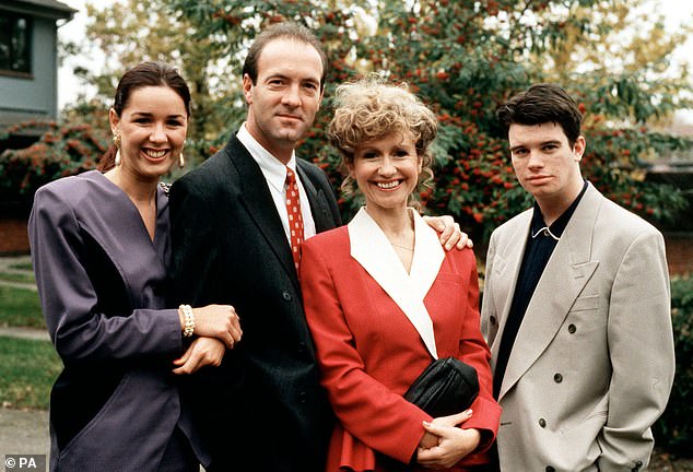 Throwback: She is best known as Lindsay Corkhill 1990s soap Brookside (L-R Claire Sweeney, Dean Sullivan, Sue Jenkins and George Christophe pictured on the soap in 1989)