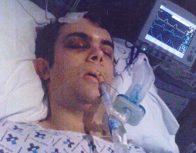 Aspiring actor Mark Blanco is pictured in the hospital after the tragic events unfold