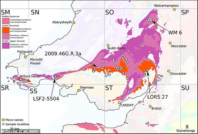 Location map for the 58 samples analyzed in this study, sources from South Wales, the Welsh Borders, the West Midlands and Somerset