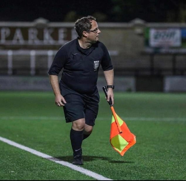 Referee Roger Hughes (pictured) had just blown the whistle during the match between Portland United and Merley Cobham Sports in Dorset when he was filmed being chased